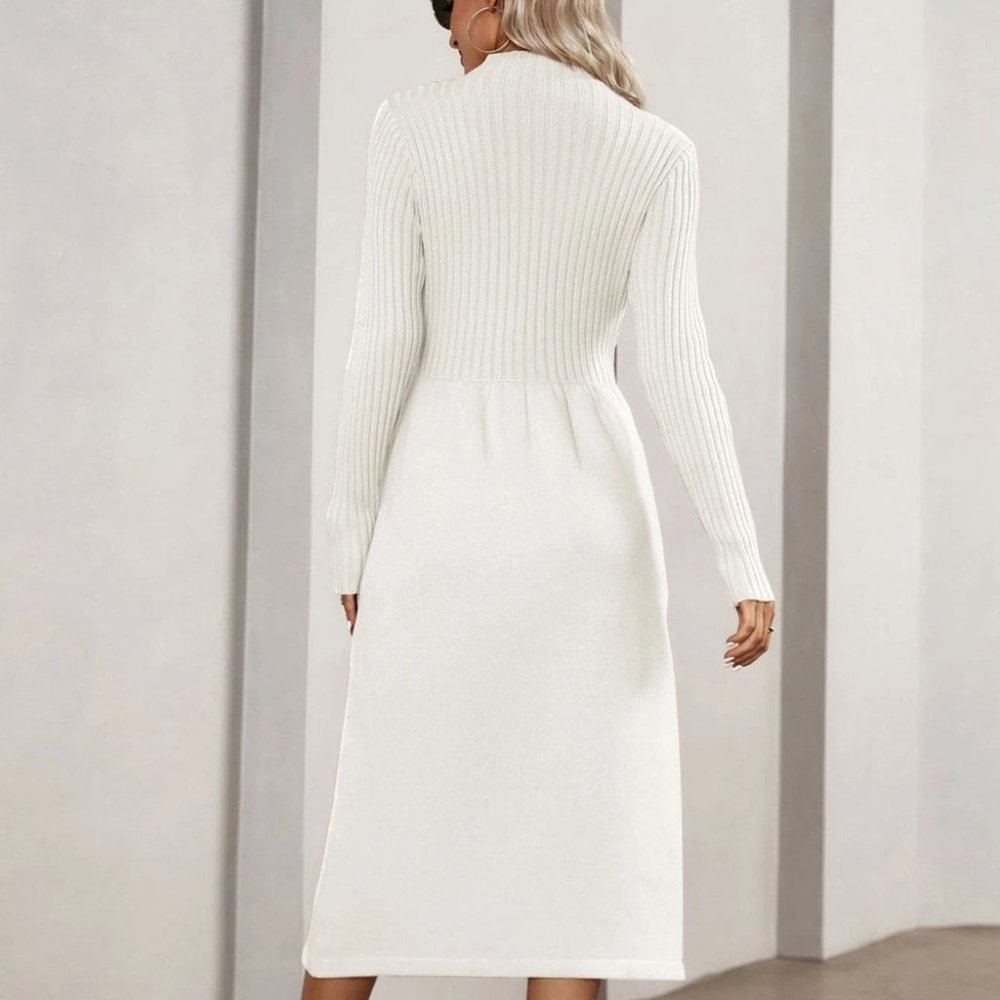 White Elegant Womens Mock Neck Button Detail Sweater Dress - Picture 2 of 5